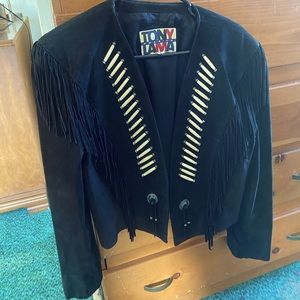 Vintage Tony Lama Women's America Black Fringe Open Western Jacket Size 10